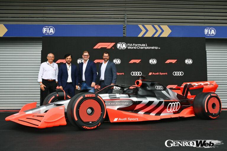 ベルギーGPで行われたアウディのF1参戦発表会に参加した、左からF1のステファノ・ドメニカリCEO、FIAのモハメド・ビン・スライエム会長、アウディのマルクス・ドゥスマン会長、技術開発担当取締役のオリバー・ホフマン。