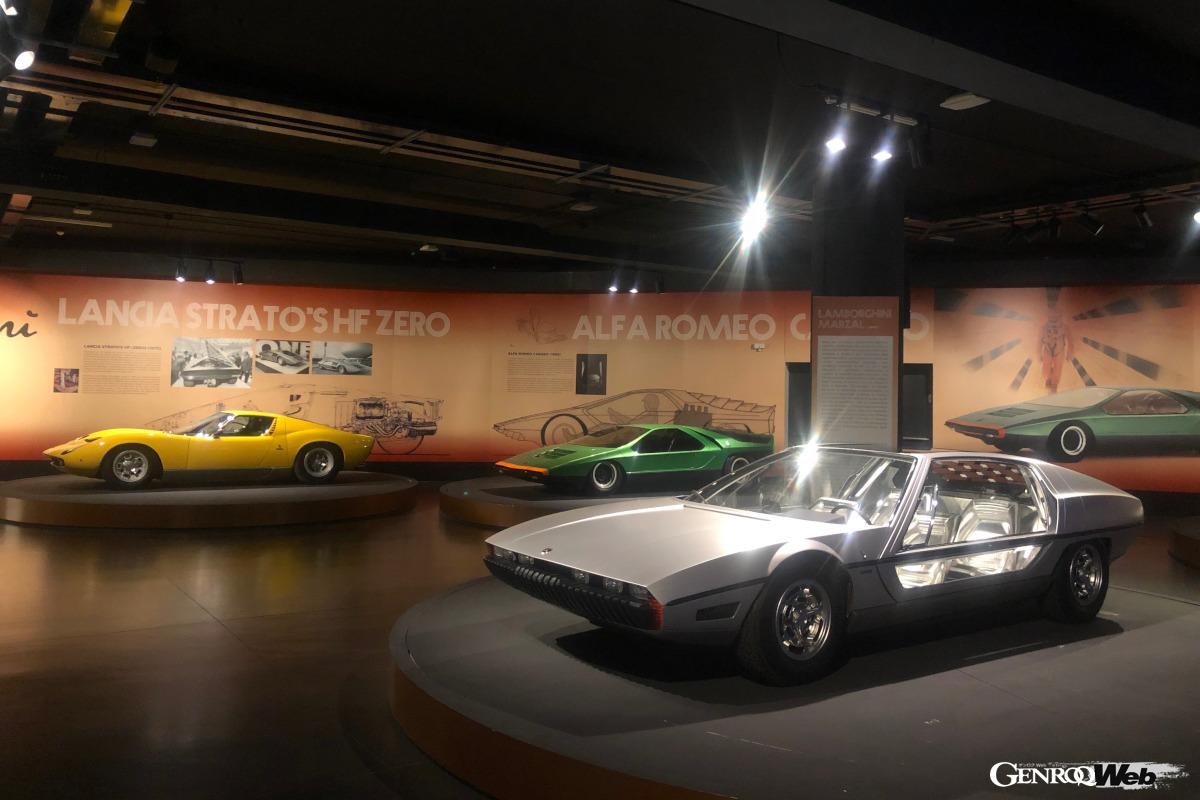 2019年トリノ自動車博物館のガンディーニ企画展で。ランボルギーニ・マルツァル（手前）、同ミウラ（奥左）、そしてアルファ・ロメオ・カラボ（奥右）。＜photo： Akio Lorenzo OYA＞