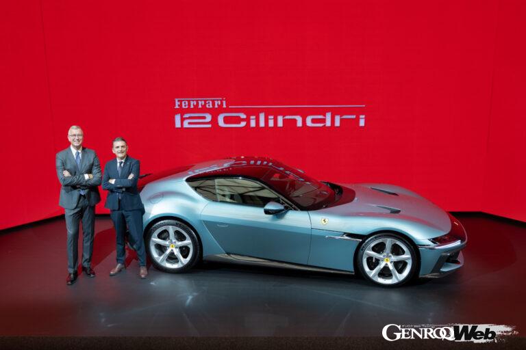 発表会に駆けつけたフェラーリS.p.A.のヘッドオブプロダクトマーケティングであるエマヌエレ・カランド氏（左）と、フェラーリジャパン代表取締役社長ドナート・ロマニエッロ氏。