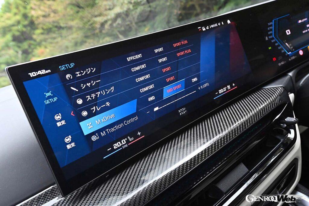 今年7月のマイナーチェンジで内外装がアップデートされたM4。インテリアではエアコン吹出口周辺のデザインが変更されている。試乗車はフルレザーのカーボンバケットシートをオプション装着。「Mドライブ・プロフェッショナル」は、ESCの作動をなんと10段階で調整できる（こちらもオプション）。