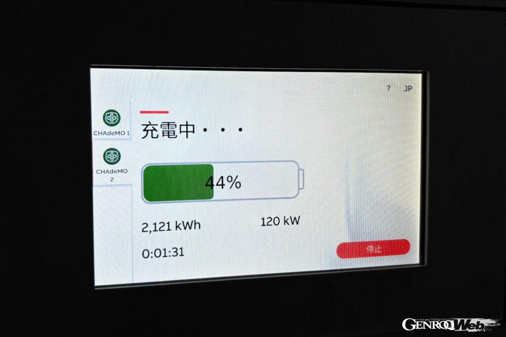 充電中の画面には出力120kWという表示が。実際は規格通りの出力とはならないようです。