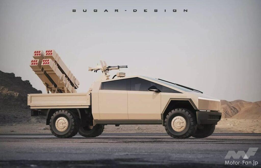 「軍用車も電動化!? サイバートラックの派生モデルとして「軍用車仕様」をデザイナーが提案!! ダンプトラックに武装モデルも？」の1枚目の画像