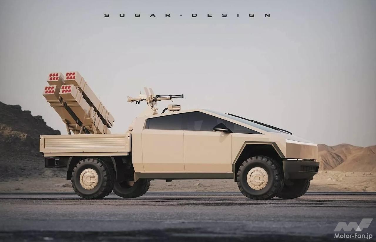 「軍用車も電動化!? サイバートラックの派生モデルとして「軍用車仕様」をデザイナーが提案!! ダンプトラックに武装モデルも？」の1枚めの画像