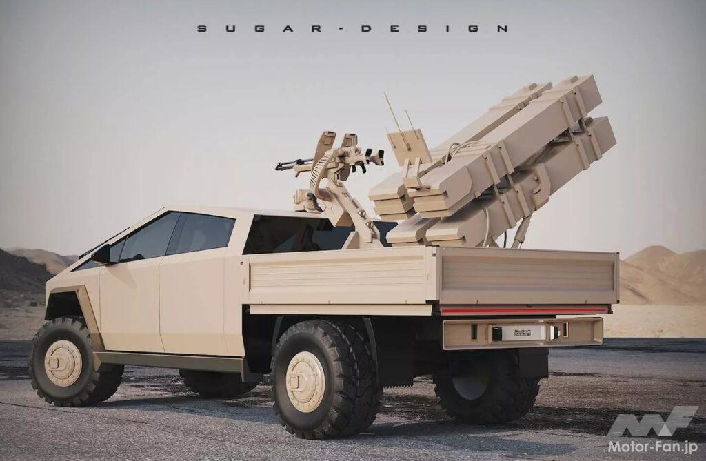 「軍用車も電動化!? サイバートラックの派生モデルとして「軍用車仕様」をデザイナーが提案!! ダンプトラックに武装モデルも？」の3枚目の画像