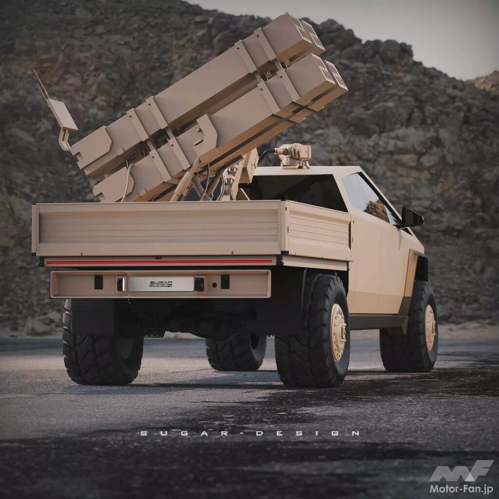 「軍用車も電動化!? サイバートラックの派生モデルとして「軍用車仕様」をデザイナーが提案!! ダンプトラックに武装モデルも？」の6枚目の画像