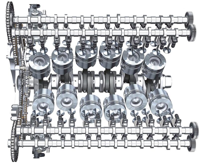 V12のバルブトレイン。DOHCとなると48本のバルブを駆動させることに。（FIGURE：AUDI）