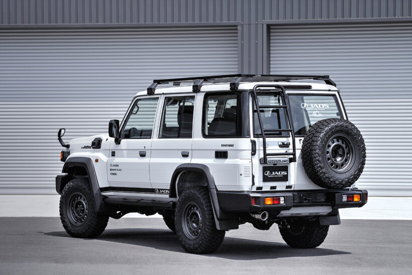 粉体塗装で仕立てたアルミ製リアラダーはハーフタイプ。 ジャオスの