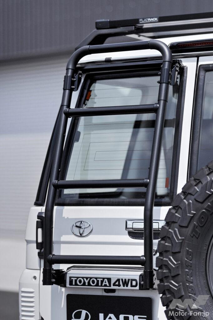 粉体塗装で仕立てたアルミ製リアラダーはハーフタイプ。 ジャオスの