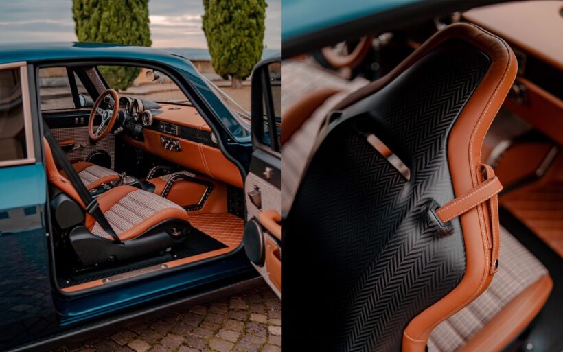 インテリアはトリュフ・ブラウンの高品質ナッパレザーに、ヘリンボーンパターン「ピエ・ド・プール」が組み合わせられた。