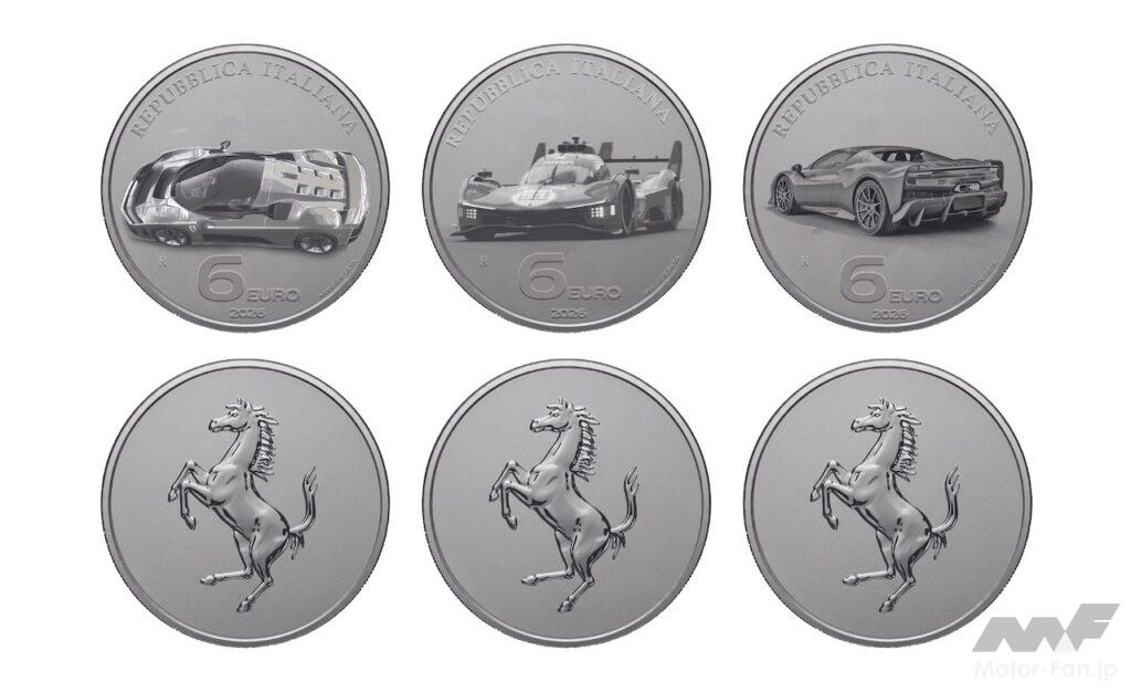 記念金貨と同時発売される記念銀貨3枚セットには、フェラーリのV6ハイブリッドの進化が表現されている。