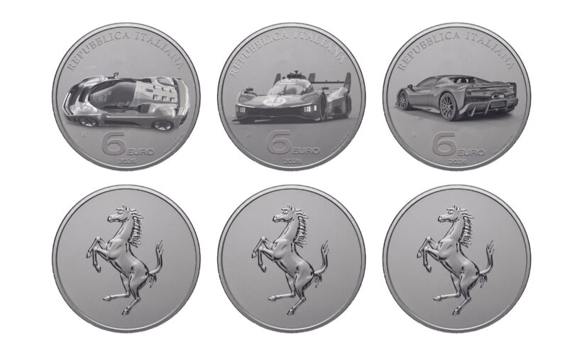 記念金貨と同時発売される記念銀貨3枚セットには、フェラーリのV6ハイブリッドの進化が表現されている。
