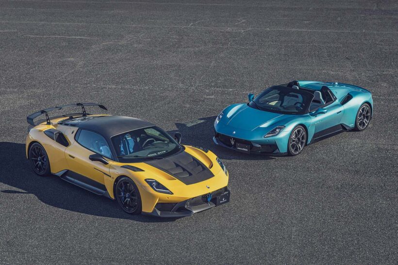 デビューはGT2ストラダーレ（左）が2024年8月、MCプーラ（右）が2025年7月。両車のフロントバンパー形状はよく似ており、GT2ストラダーレはMCプーラのスタイリング、即ちMC20のマイナーチェンジ要素を先行して取り入れていたことがわかる。