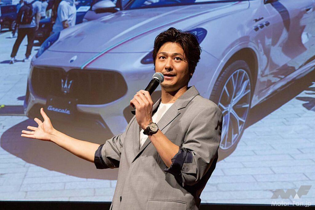 ツーリング後のお楽しみはイタリアンのフルコース。ほかにもプレゼントの抽選会やじゃんけん大会が行われた。速水もこみち氏はマセラティ心斎橋からグレカーレを駆っての来場。料理に造詣の深い氏だけに、イタリア料理と絡めてマセラティの印象を語った。