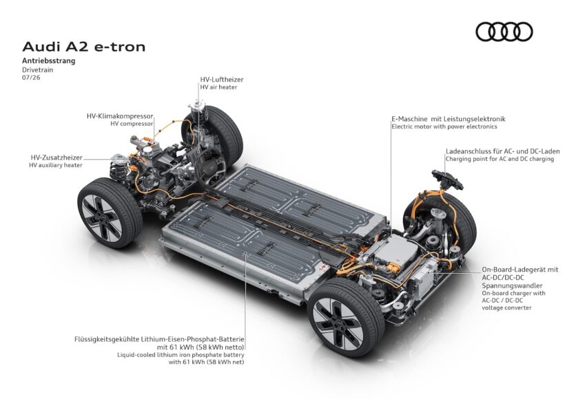 「アウディ A2 e-tron」のフル電動パワートレイン。