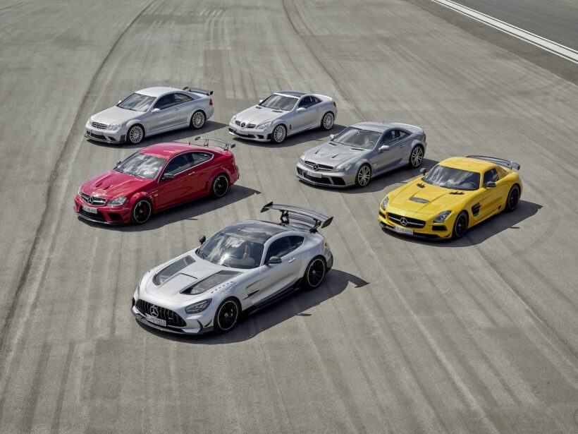 AMG GTはじめ、C63 AMGクーペ、CLK63 AMG、SL63 AMG、SLS AMGなどの歴代ブラックシリーズ。