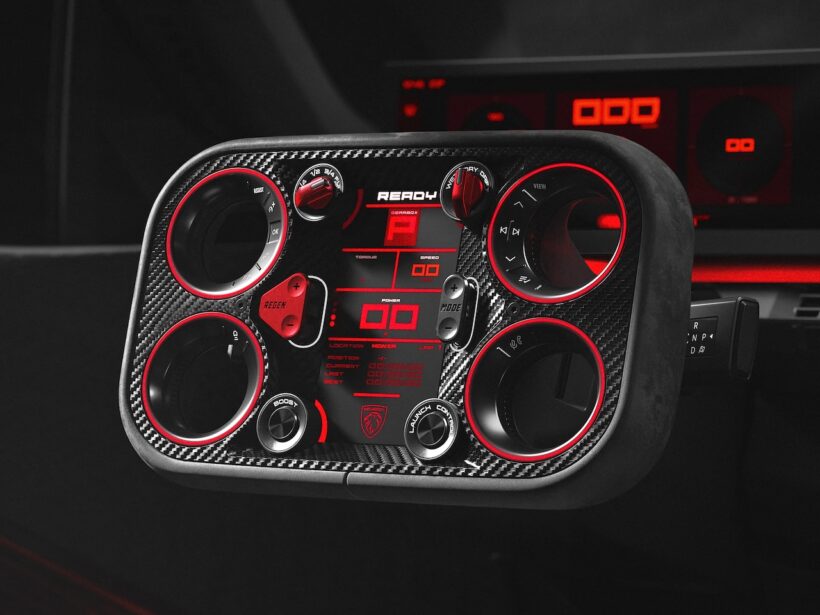 フル電動スポーツ「プジョー E-T16 E-T16 コンセプト」のコクピット。