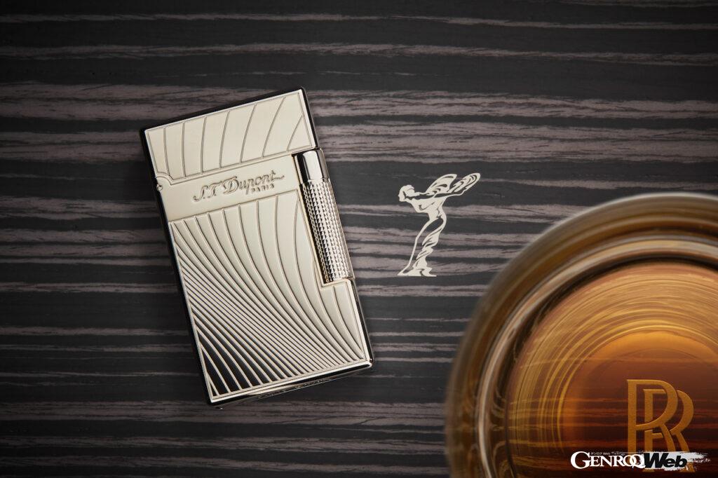 ロールス・ロイスがリリースしたウイスキー&シガー用チェスト、Cellarette（セラレット）。S.T. デュポン製のライター