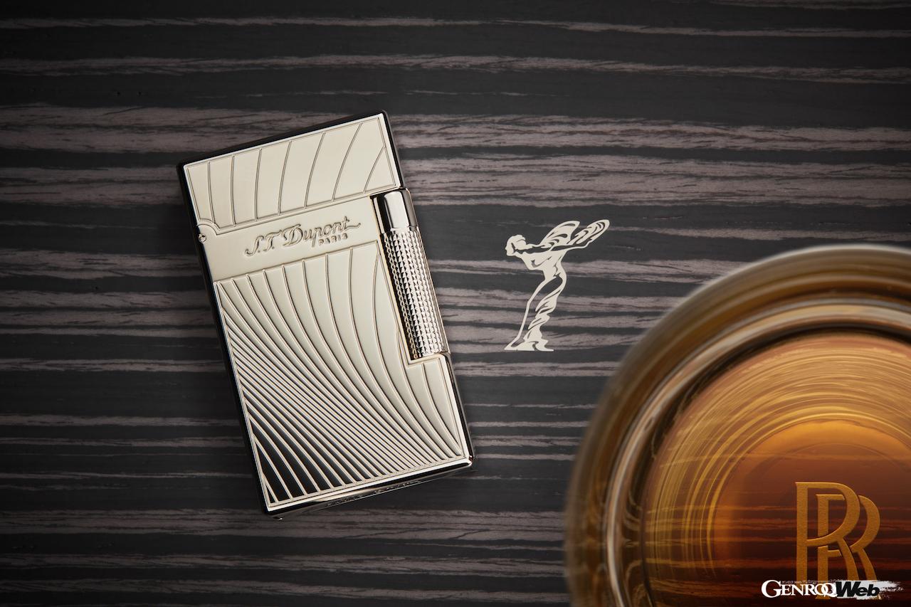 ロールス・ロイスがリリースしたウイスキー＆シガー用チェスト、Cellarette（セラレット）。S.T. デュポン製のライター