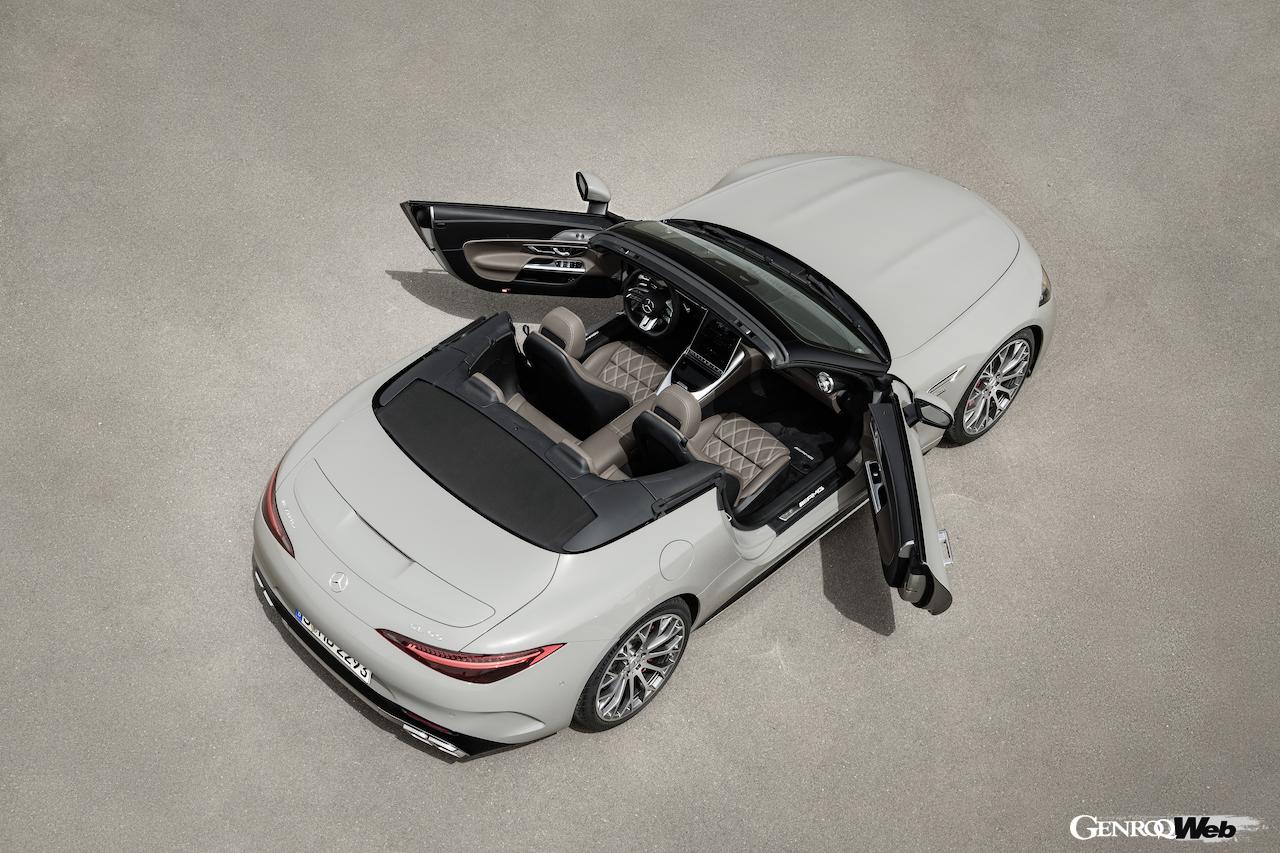 新型メルセデスAMG SL 55 4マティックプラスの俯瞰目ビュー。ドア開