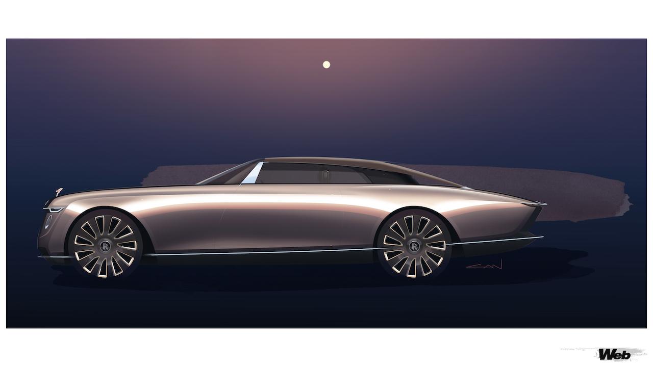 ロールス・ロイス ボート・テイルのレンダリング。サイドビュー。ルーフ閉