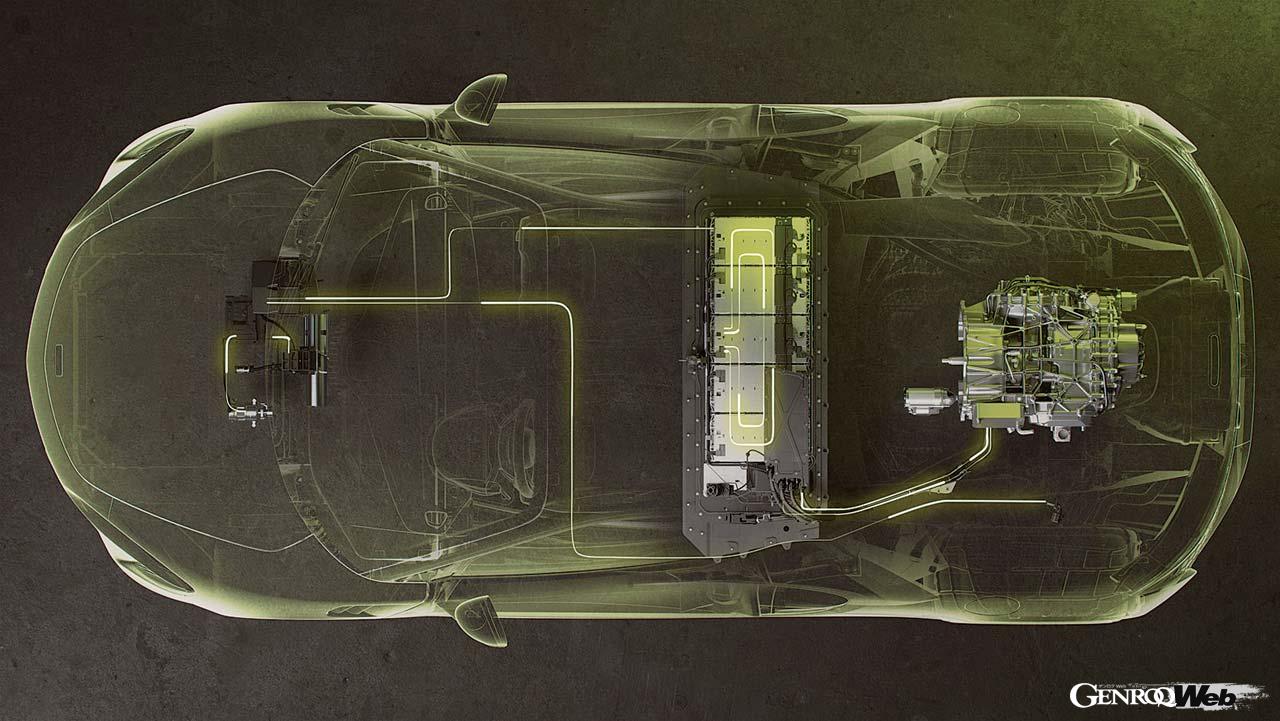 乗員の後方にバッテリーをボルト締結し、モーターはトランスミッションとの間に搭載。バッテリーは5個のリチウムイオン・モジュールで構成され、単体での重量は88kg。モーターのみで30km、130km/hまでの走行が可能だ。