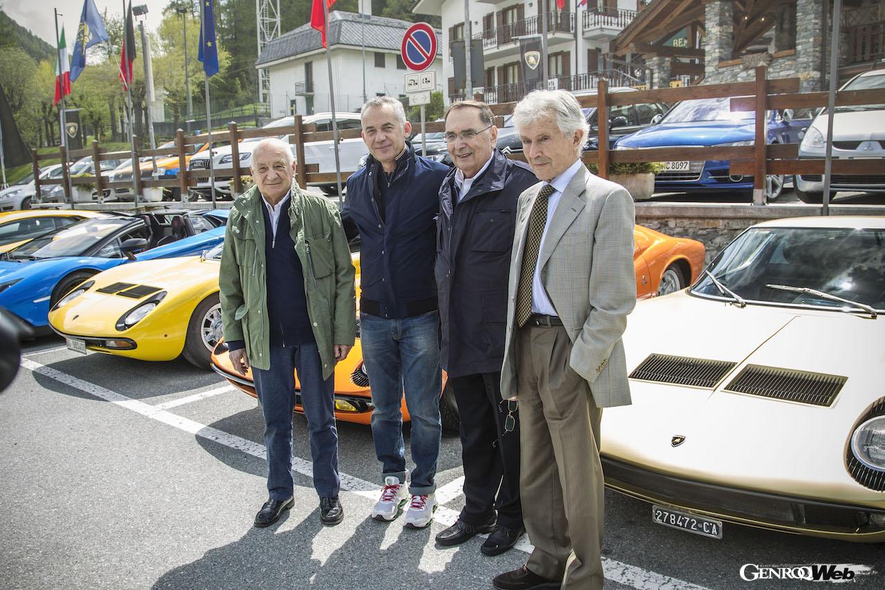 ランボルギーニのレジェンドたち。写真左がパオロ・スタンツァーニ、右から2番目がジャンパオロ・ダラーラ、一番右がマルチェロ・ガンディーニ。左から2番目は、現在ランボルギーニのモータースポーツ部門副社長を務めるマウリツィオ・レッジャーニ