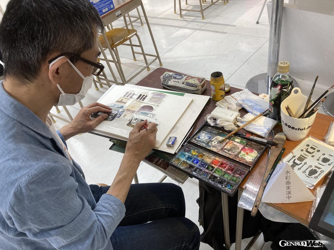 「昭和レトロな世界展」にて水彩画の実演を行った溝呂木陽氏