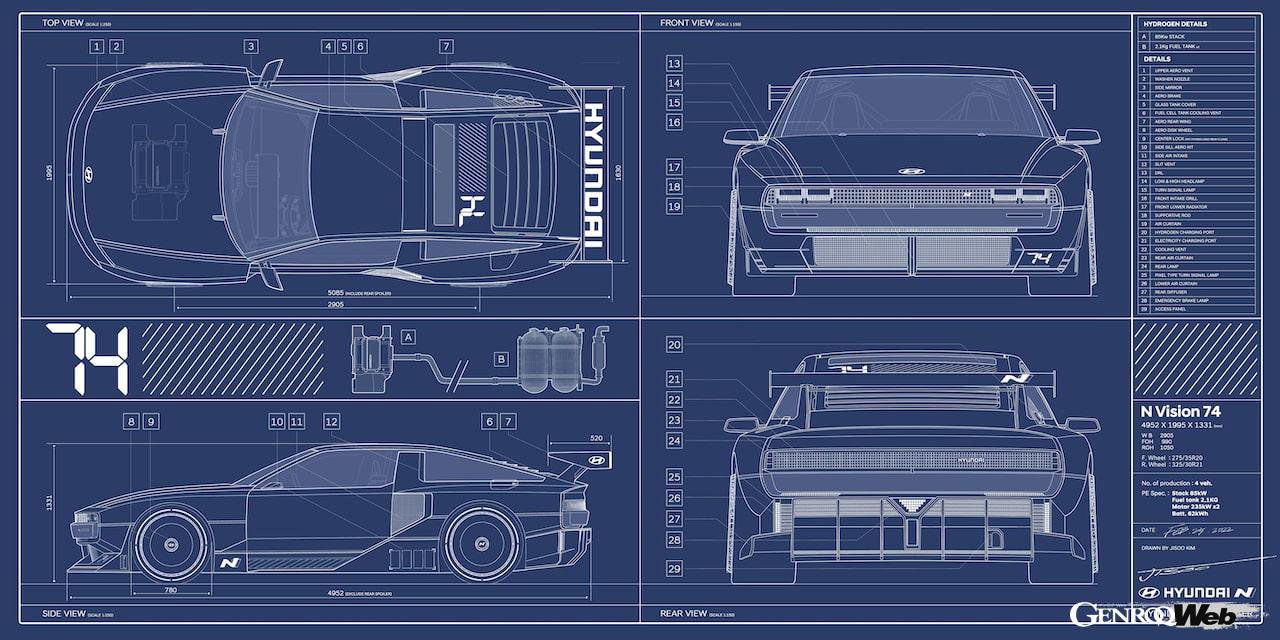 水素ハイブリッド「ヒョンデ N ビジョン 74」のエクステリア