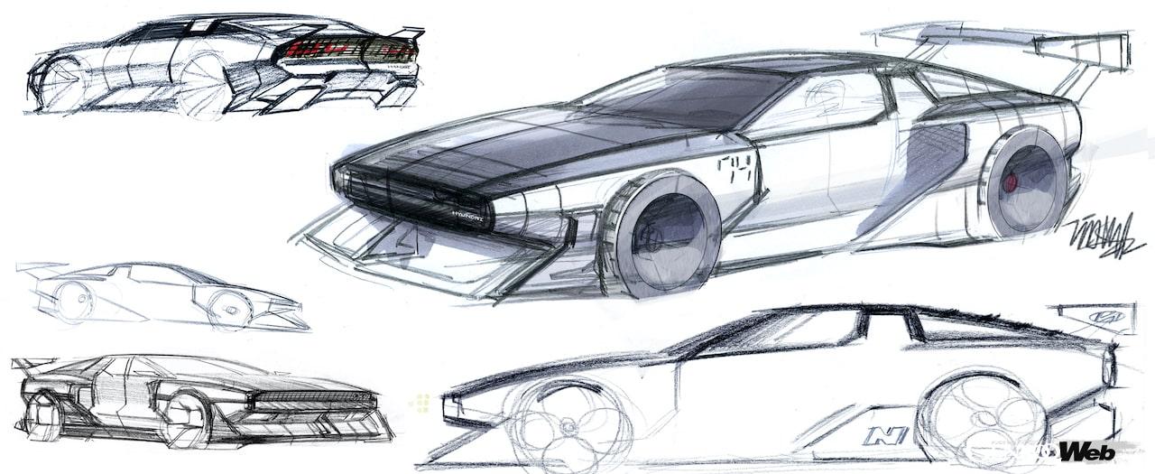 水素ハイブリッド「ヒョンデ N ビジョン 74」のデザインスケッチ