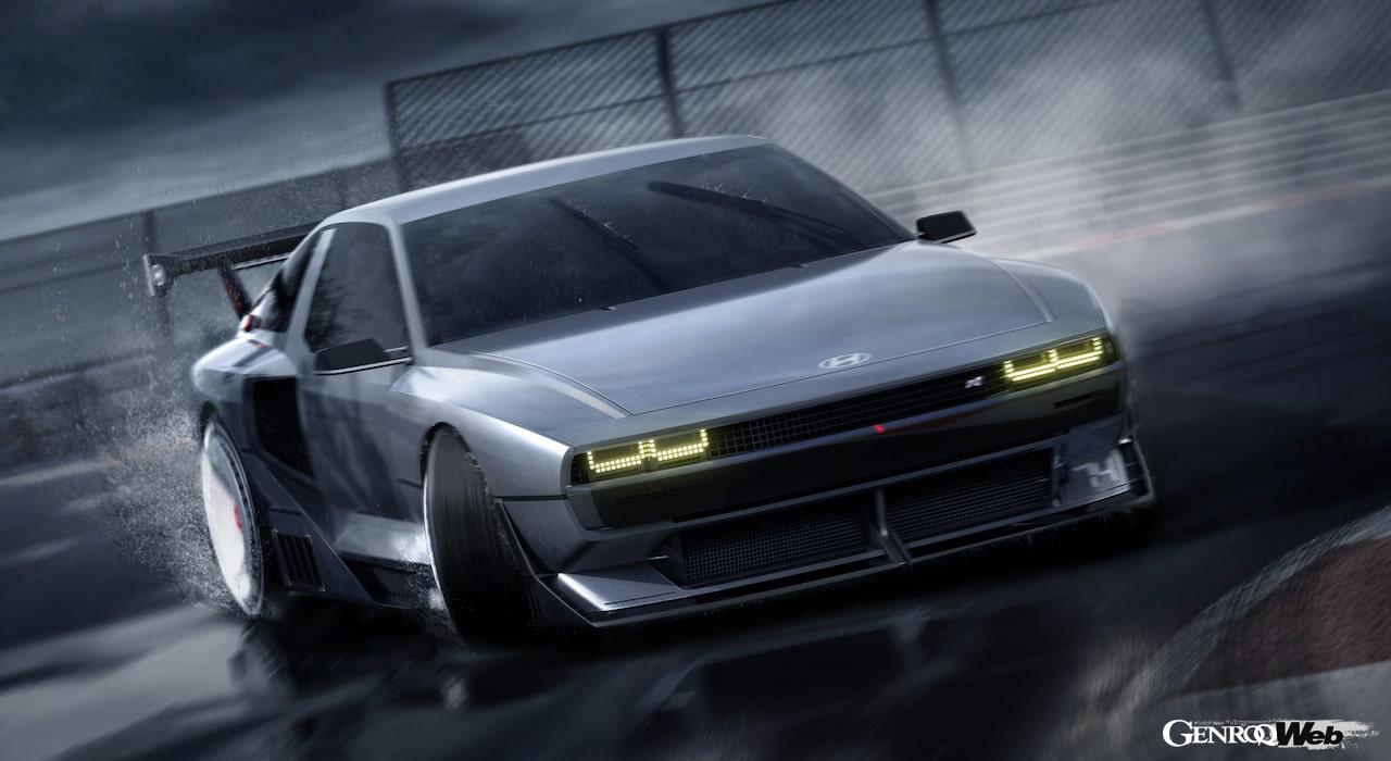 水素ハイブリッド「ヒョンデ N ビジョン 74」のエクステリア。