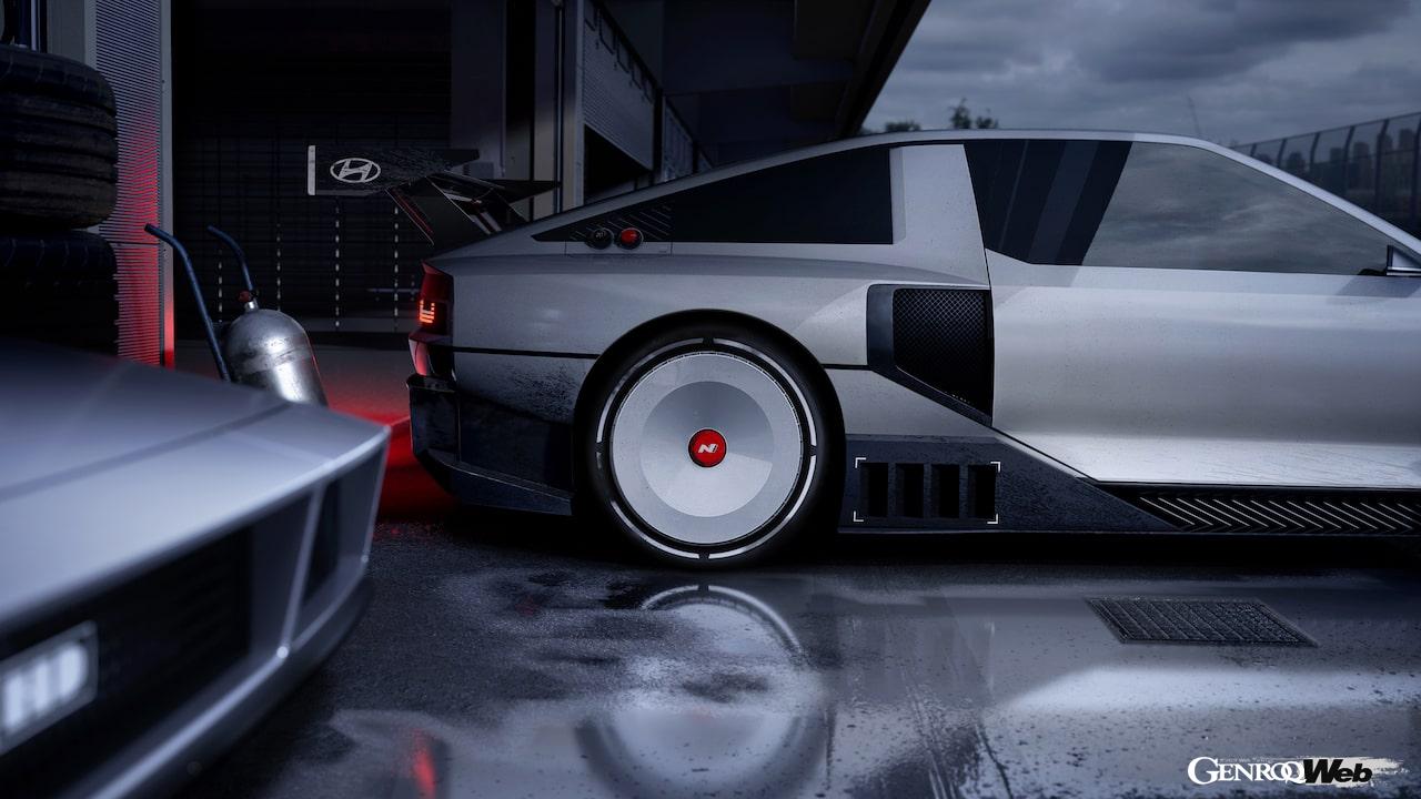 水素ハイブリッド「ヒョンデ N ビジョン 74」のエクステリア。