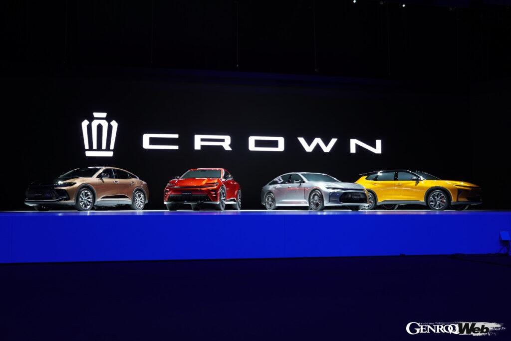 左からクロスオーバー、スポーツ、セダン、エステートという4車型が発表された16代目クラウン。まず最初に発売されるのはクロスオーバー