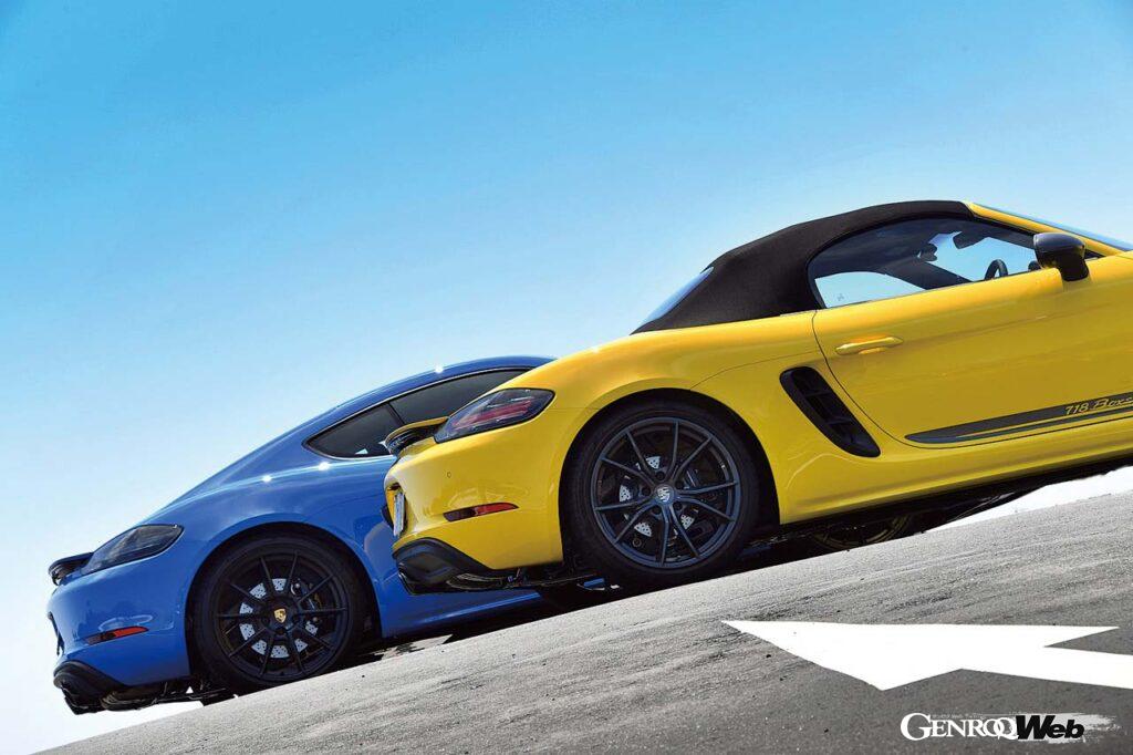 718ボクスターTの6速MTモデルと718ケイマンGTS 4.0の7速PDKモデルを比較した。前者は水平対向4気筒2.0リッターターボエンジン、後者は水平対向6気筒4.0リッター自然吸気エンジンという違いもある。