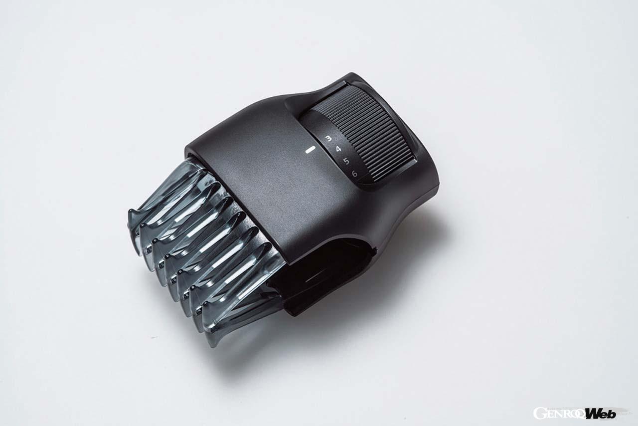 ダイヤル操作により、1mm刻みで3〜12mmまでの長さに調整できる「長さそろえアタッチメント」が付属する。自分好みの長さに自由自在に剃り上げることが可能だ。