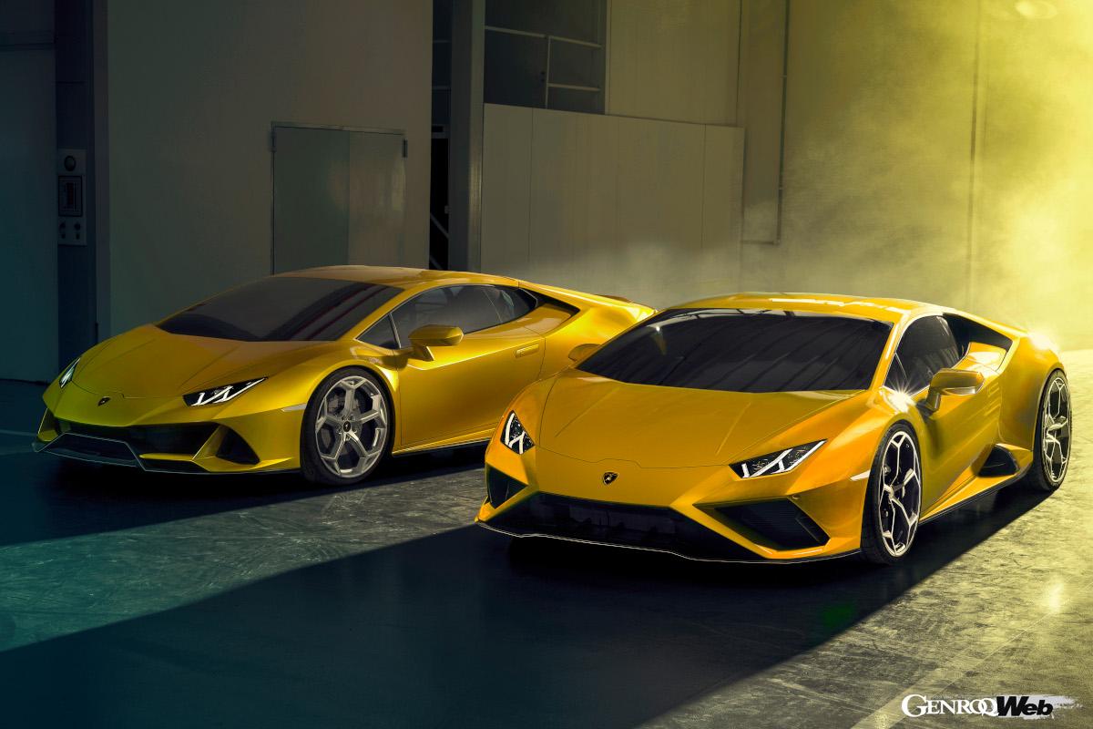 ランボルギーニ ウラカンEVO（左）とランボルギーニ ウラカンEV RWD。フロントバンパーはデザインが大きく異なる。