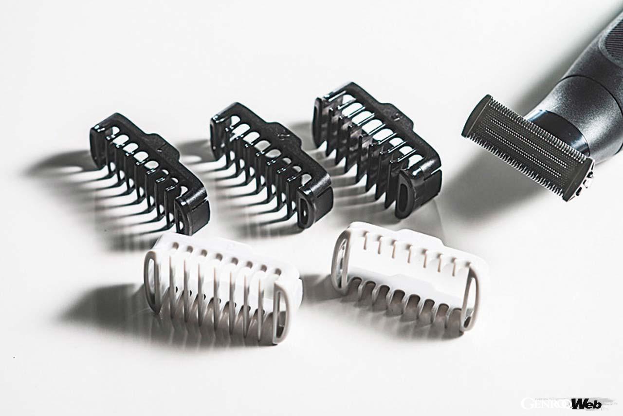1、2、3、5mmの顔＆ボディ用アタッチメントと0mm（スキンガード付）、3mmボディ用アタッチメントが付属される。様々なアタッチメントを使って好みの長さに調節可能だ。