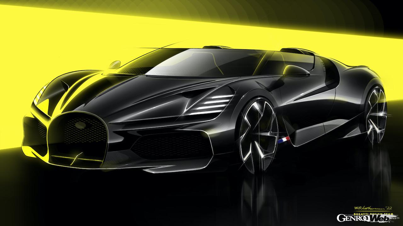 ブガッティ最後のW16気筒モデル「ブガッティ W16 ミストラル」のデザインスケッチ。
