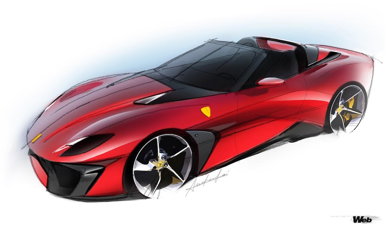 フェラーリ 812 GTSをベースに、ルーフのない完全なロードスターとして仕上げられた「SP51」のデザインスケッチ。