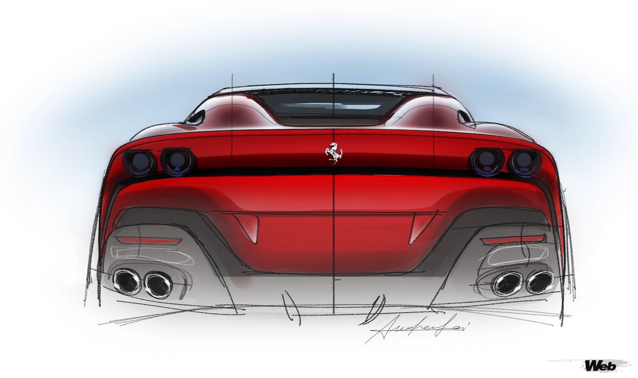 フェラーリ 812 GTSをベースに、ルーフのない完全なロードスターとして仕上げられた「SP51」のデザインスケッチ。