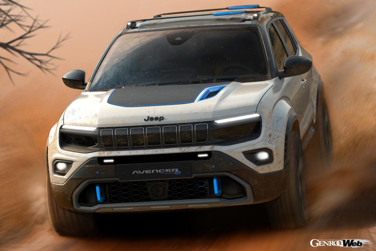 電動化でジープならではの悪路走破性能をさらに高めたアベンジャー4×4コンセプトは、ほぼ完全に無音で走行し、さらに充実したオフロード機能で楽しく自由に運転できると謳う。