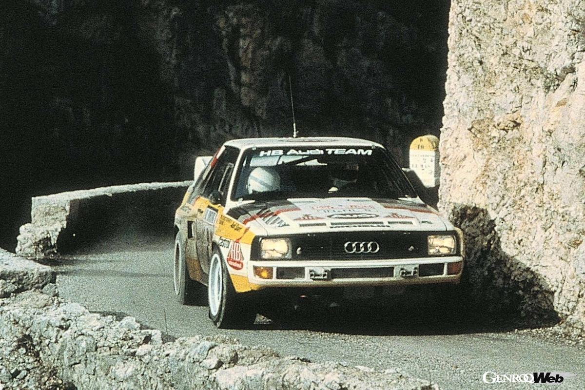 1985年モンテカルロラリーでのアウディ スポーツ クワトロ。これがアウディブランドを不動のものにした。