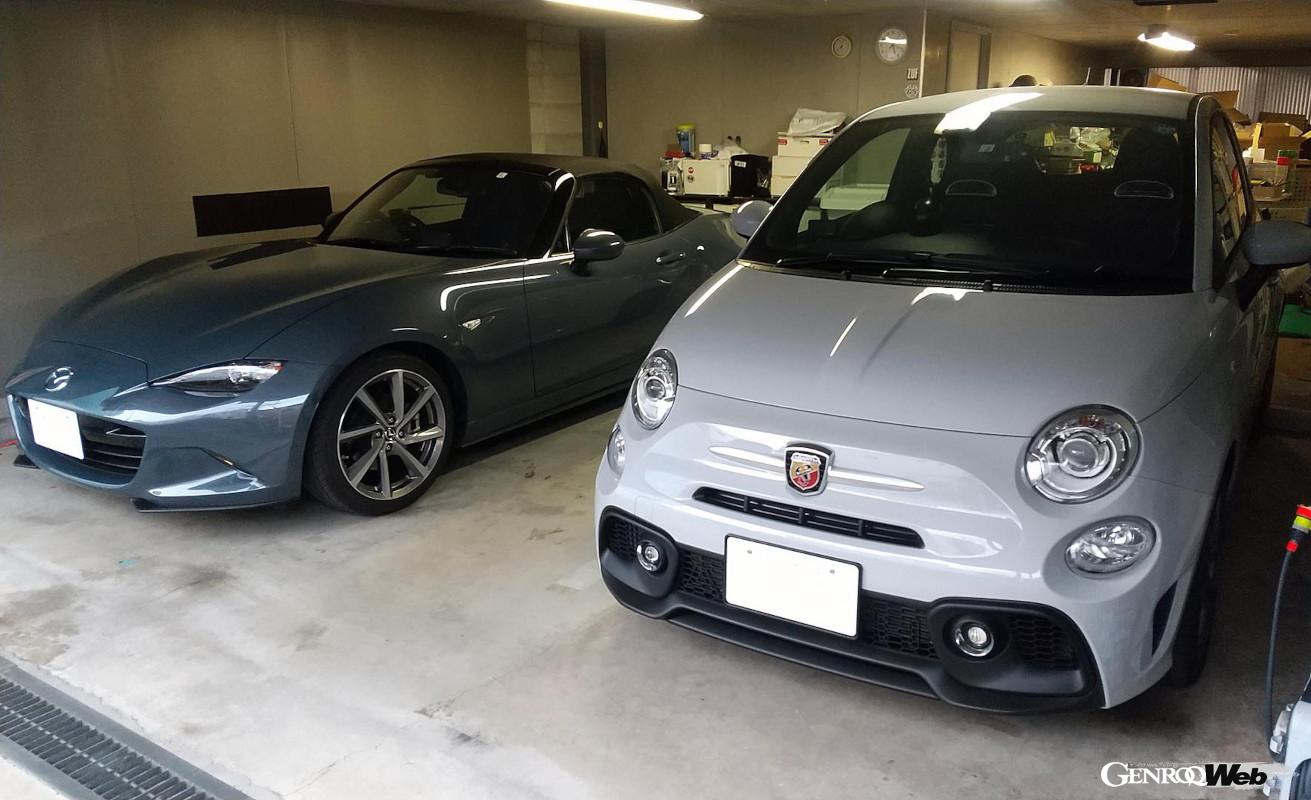 後に述べるロードスターと2台が収まるガレージ。希少なMTモデル2台が並ぶ。ロードスターとは異質な楽しさを味わわせてくれた595。