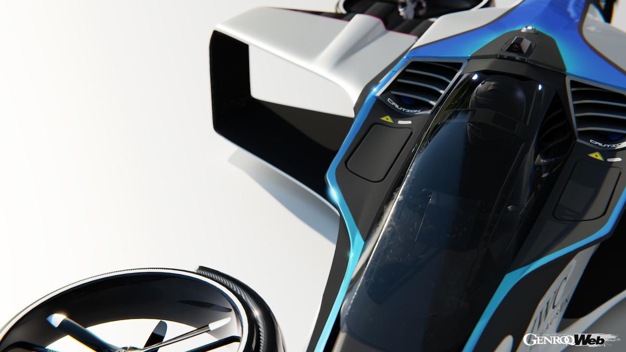 サンダーストライク製水素ターボジェネレーターをリヤに搭載し、4基の水力電動偏向ローターを備えた、eVTOL「エアスピーダー Mk4」。