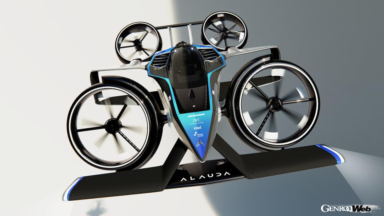 サンダーストライク製水素ターボジェネレーターをリヤに搭載し、4基の水力電動偏向ローターを備えた、eVTOL「エアスピーダー Mk4」。