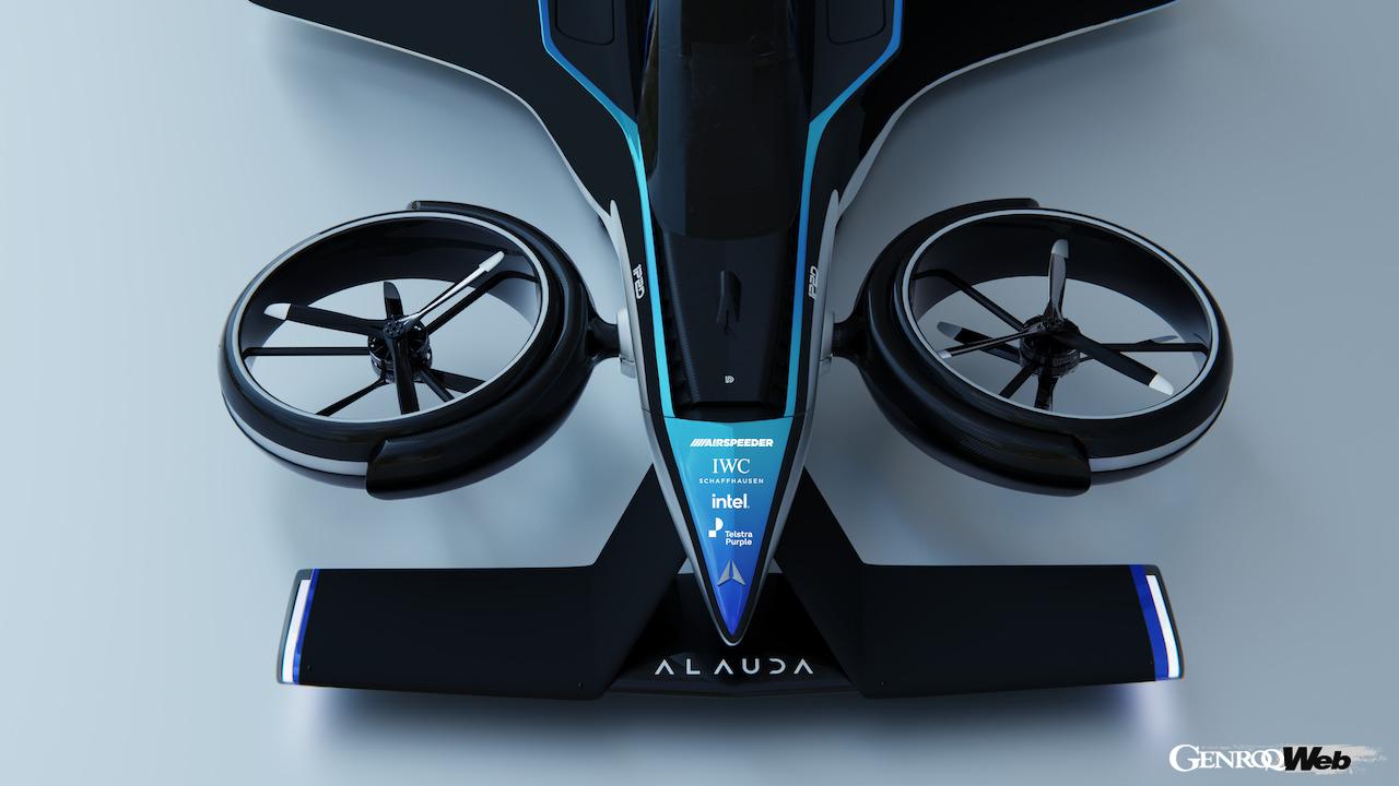 サンダーストライク製水素ターボジェネレーターをリヤに搭載し、4基の水力電動偏向ローターを備えた、eVTOL「エアスピーダー Mk4」。