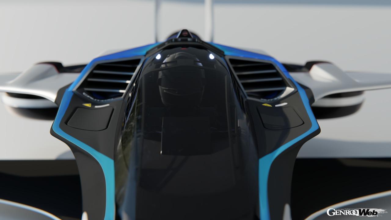 サンダーストライク製水素ターボジェネレーターをリヤに搭載し、4基の水力電動偏向ローターを備えた、eVTOL「エアスピーダー Mk4」。