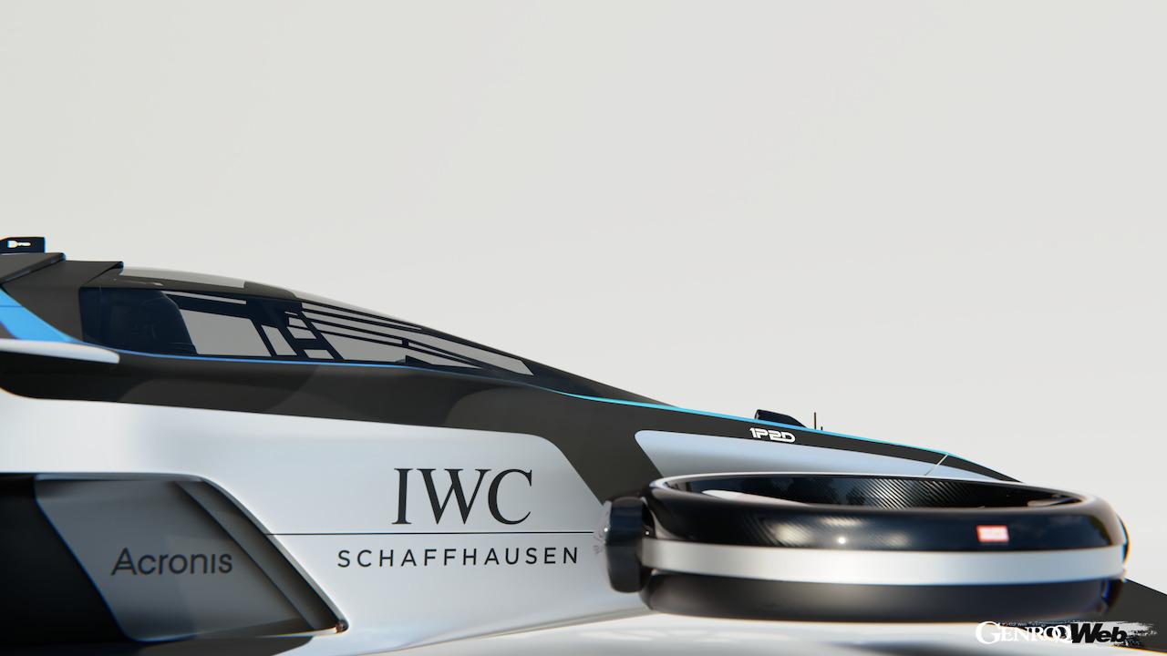 サンダーストライク製水素ターボジェネレーターをリヤに搭載し、4基の水力電動偏向ローターを備えた、eVTOL「エアスピーダー Mk4」。