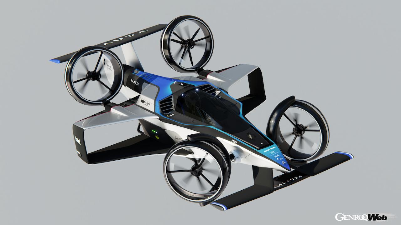 サンダーストライク製水素ターボジェネレーターをリヤに搭載し、4基の水力電動偏向ローターを備えた、eVTOL「エアスピーダー Mk4」。