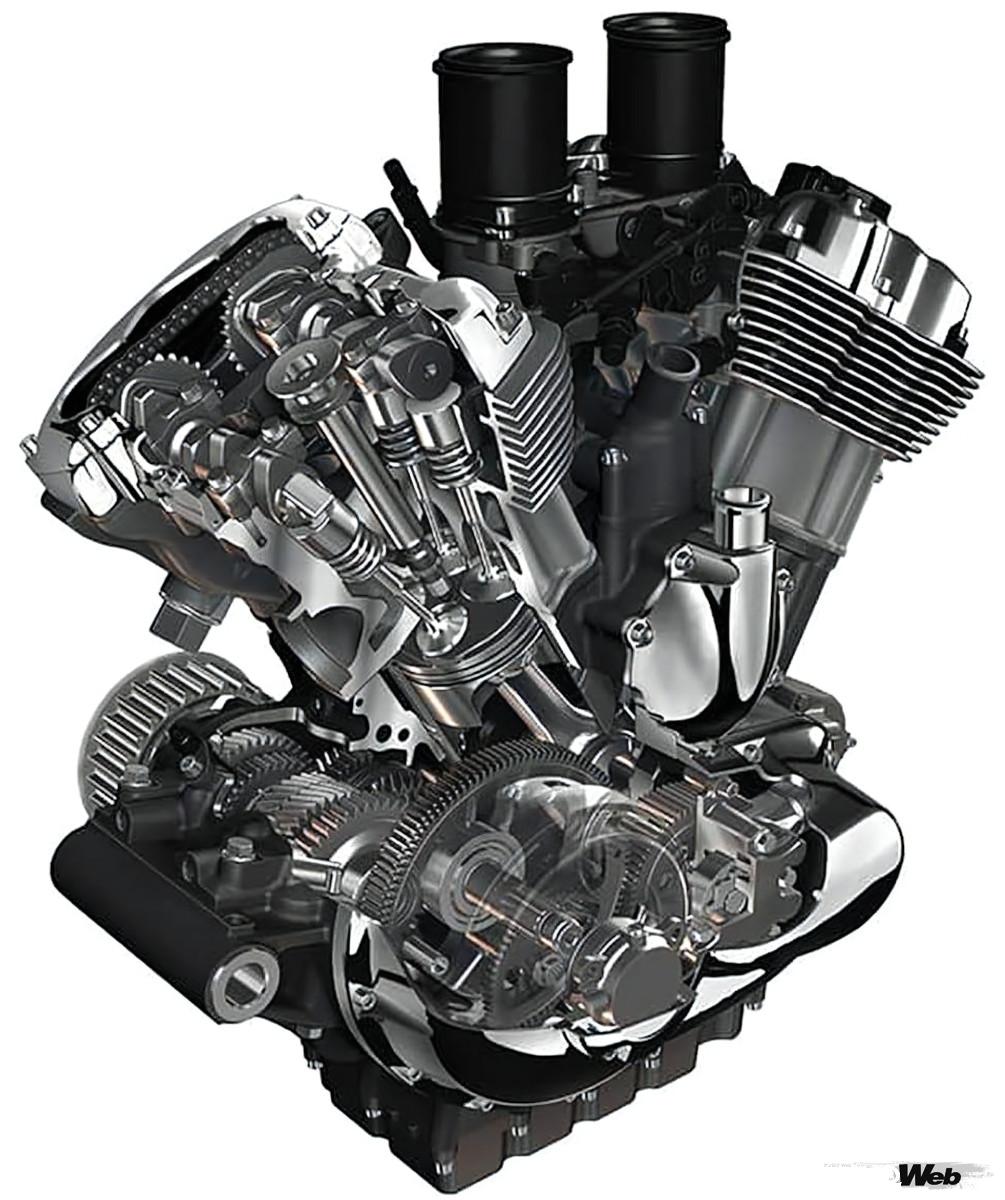 V-RODに搭載された水冷のレボリューションエンジン。ポルシェが設計・開発を担当し、カム直打ち式のDOHC4バルブヘッドにショートストロークのクランクシャフト＆ピストン、前後シリンダーの中央に2つのスロットルボディを配置して高効率なダウンドラフト吸気など、それまでのハーレー史上で最もスポーティで高出力なエンジンに仕上げられた。