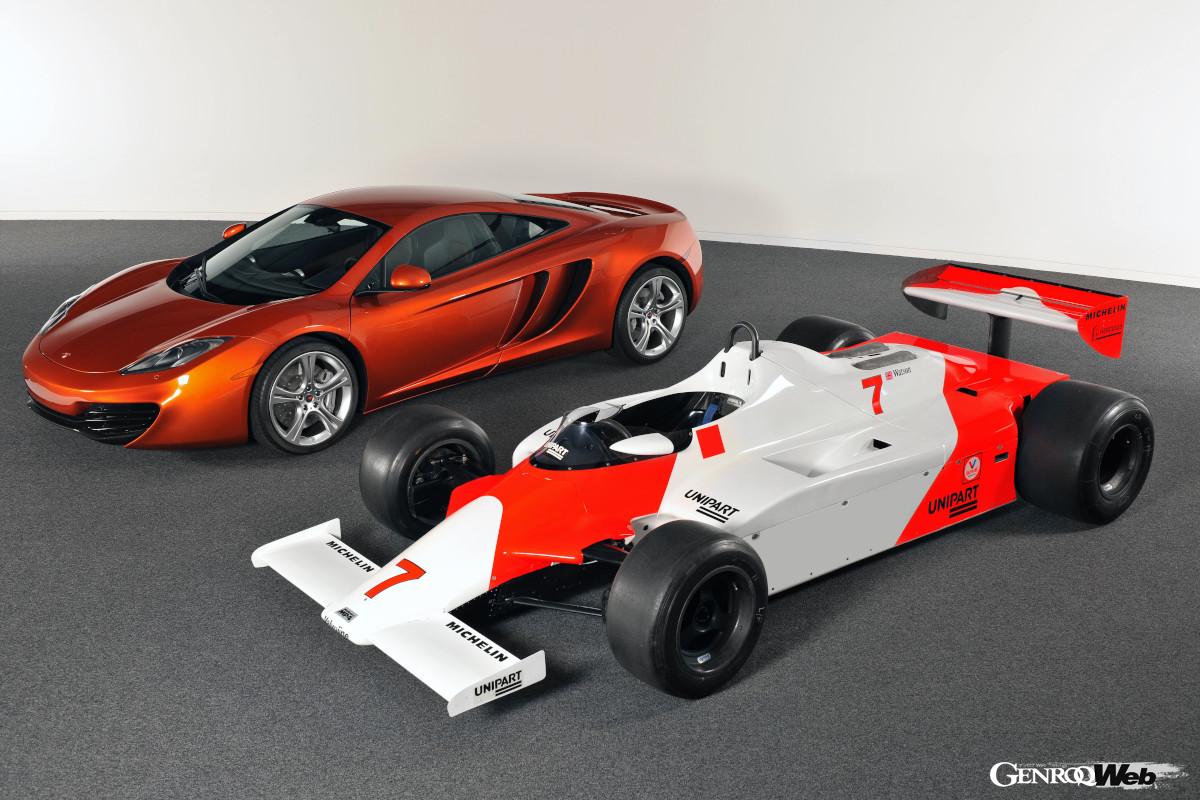 1981年からロン・デニスがチームを率いてF1黄金時代を迎えた。写真は往時のF1マシン「MP4-1」と現在のロードカーの源流となる「MP4-12C」。